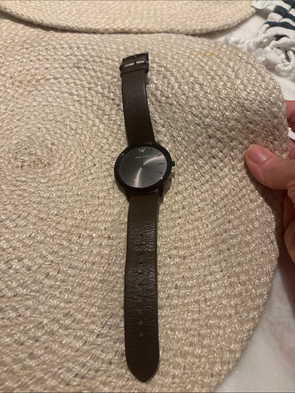 Emporio Armani Brown Leather Strap Watch with Silver Sunburst Dial